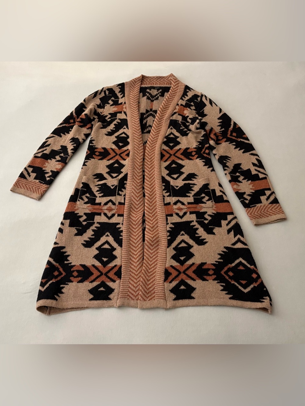 On Blue Open-Front Aztec inspired Knit Cardigan Sweater - Beige & Black
